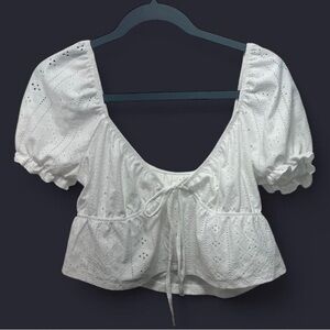 SHEIN white eyelet peplum blouse with tie front